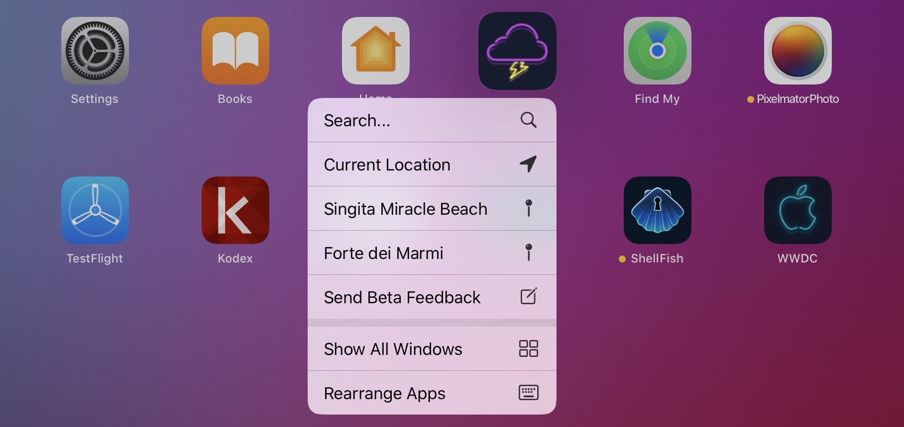 The new Home screen quick actions, featuring a button to enter wiggling mode.