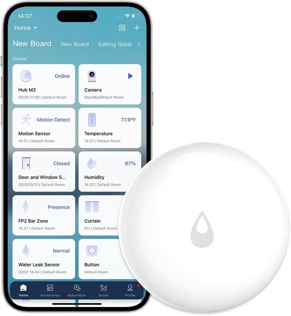 The water leak sensor and Aqara app. Image: Aqara.