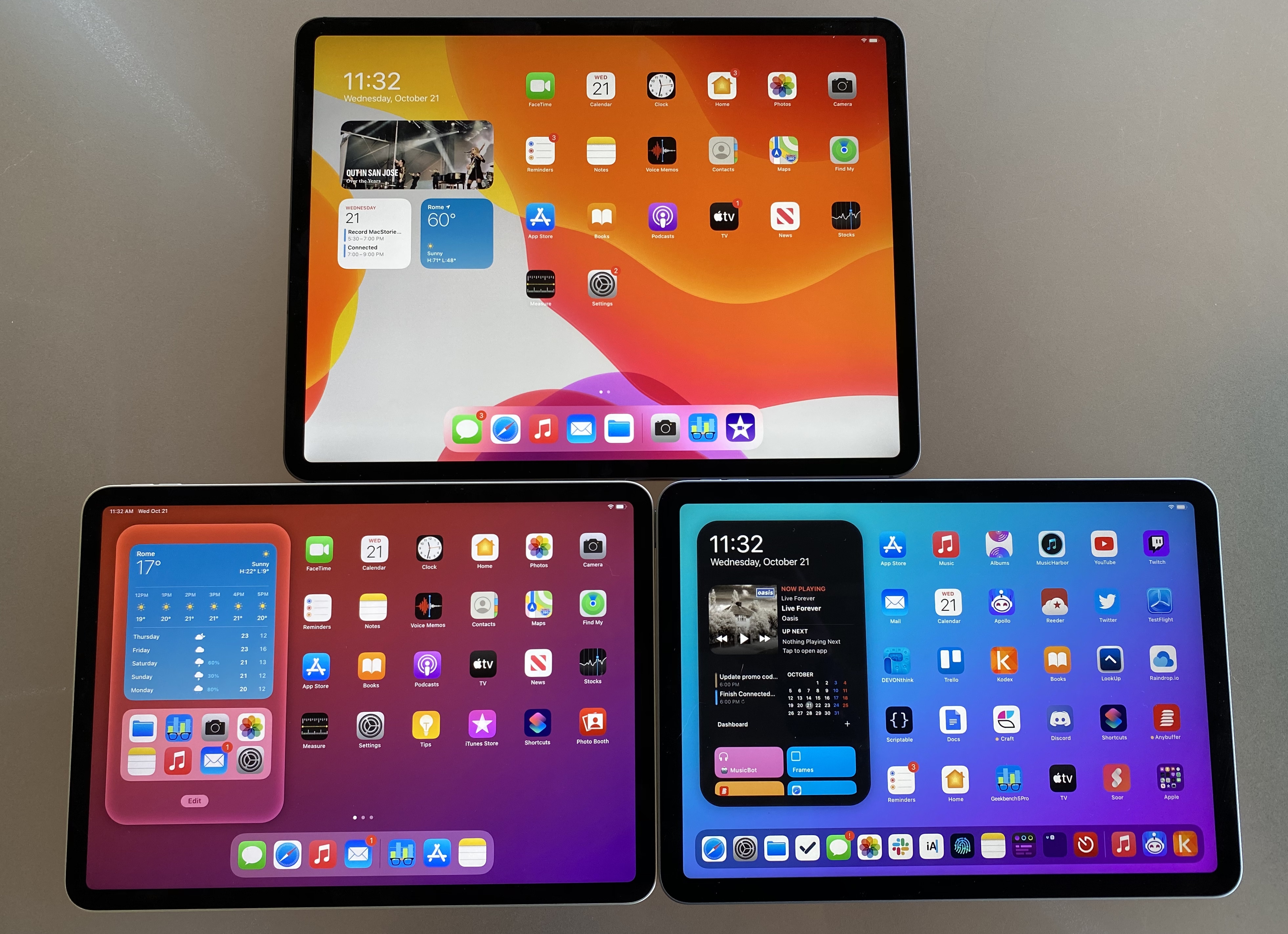 The 12.9" iPad Pro (top), 11" iPad Pro (bottom left), and iPad Air.