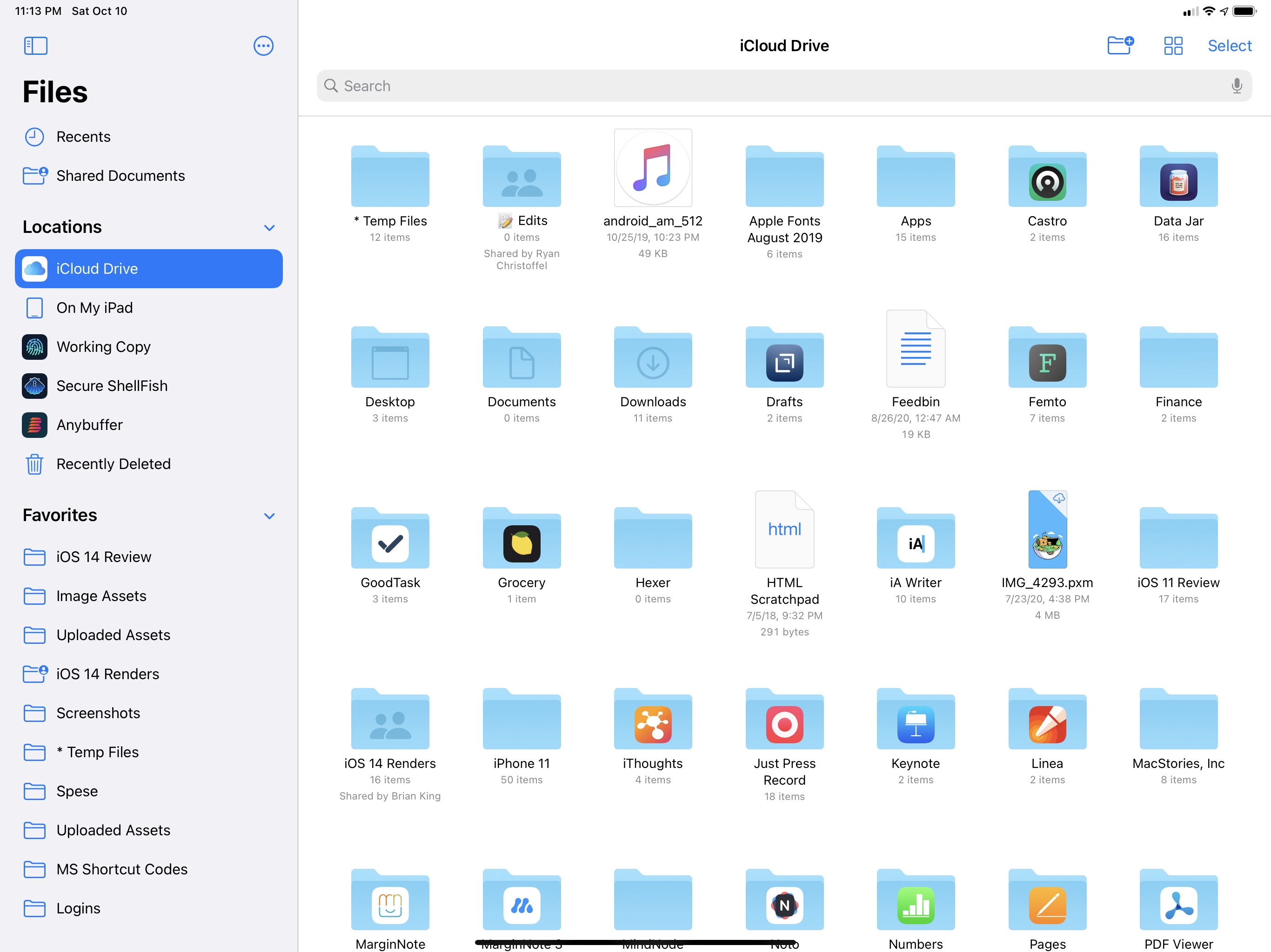 Files in iPadOS 14, featuring the new native sidebar and denser grid view.