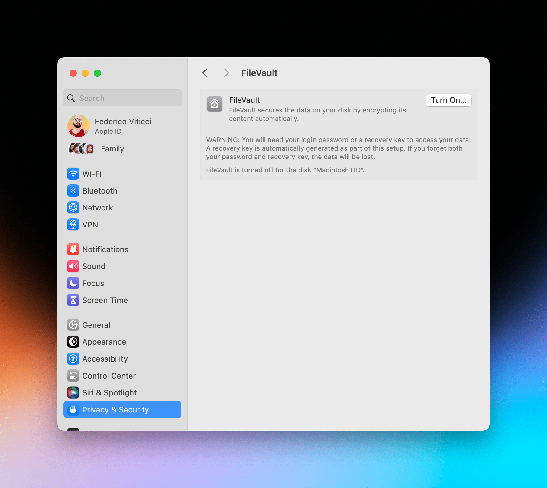 Disabling FileVault.