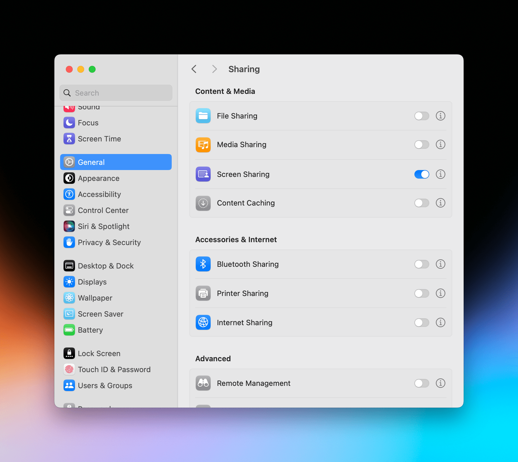 Enabling screen sharing for VNC access.