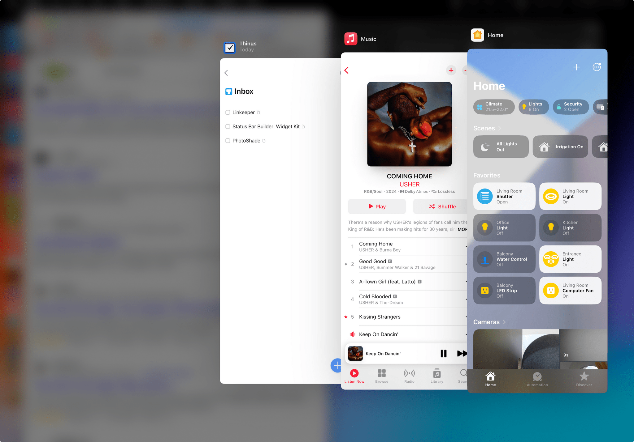 macOS underneath, the Slide Over app picker above it.
