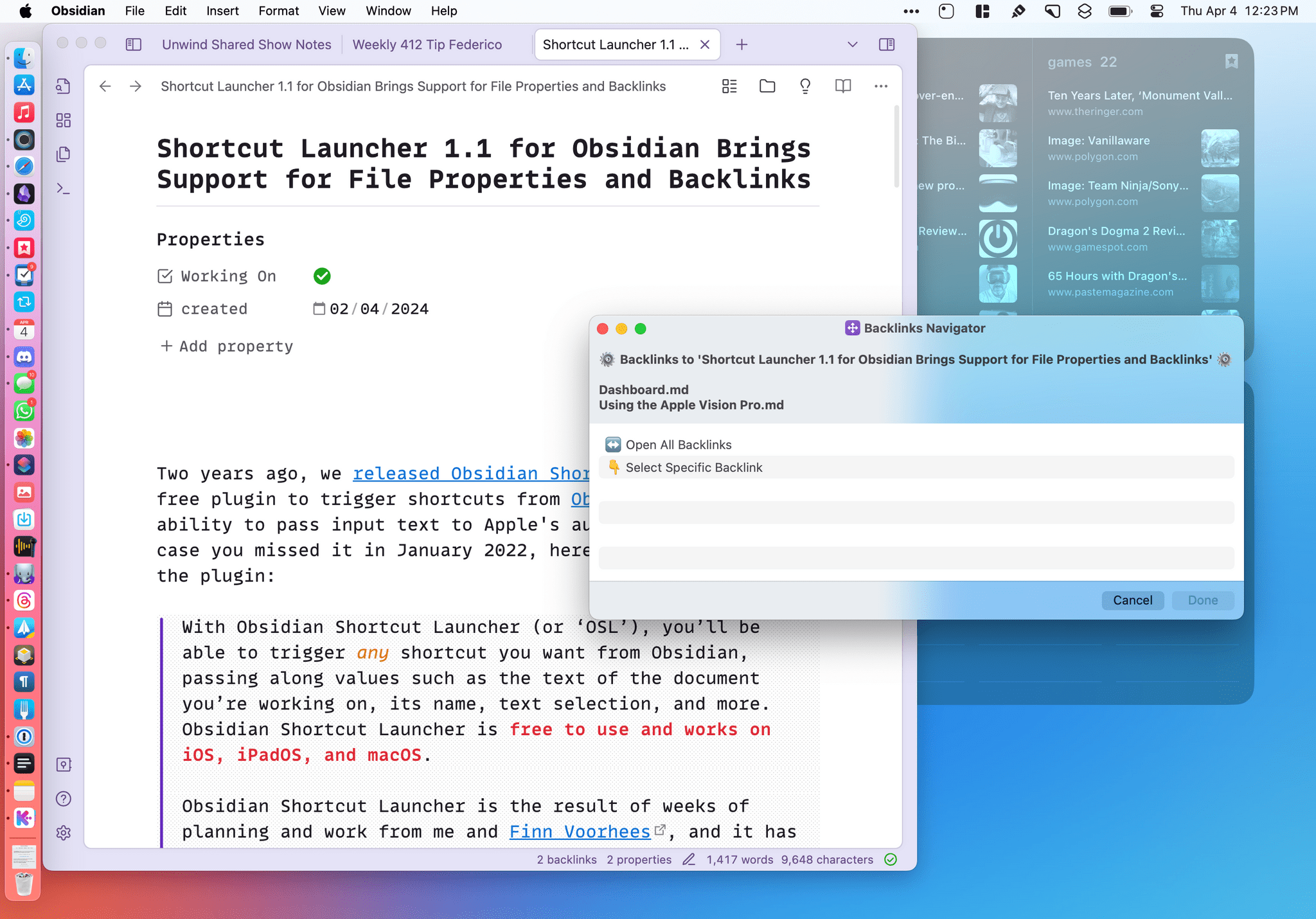 The updated Obsidian Shortcut Launcher with support for passing document backlinks to Shortcuts.