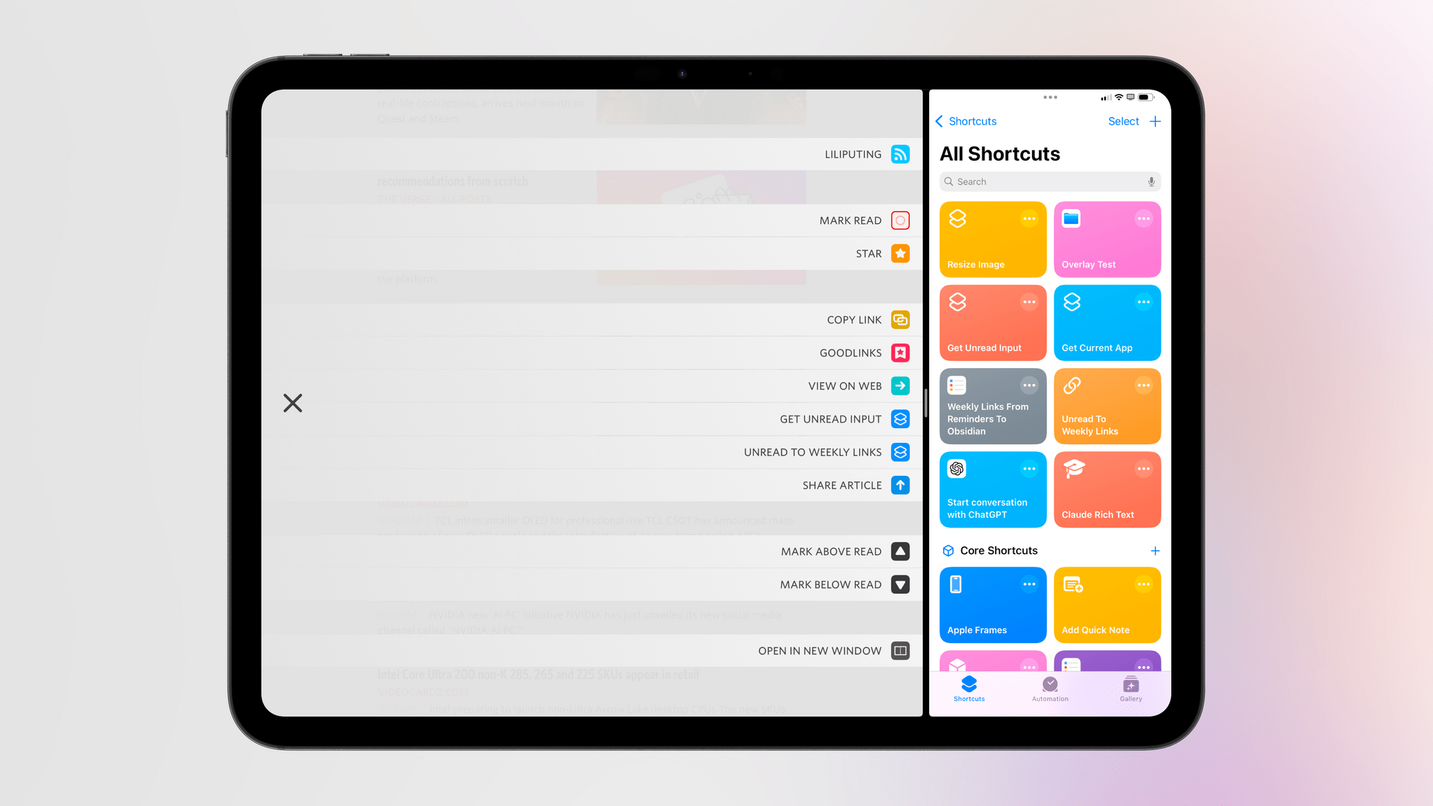 Unread's new custom shortcuts.
