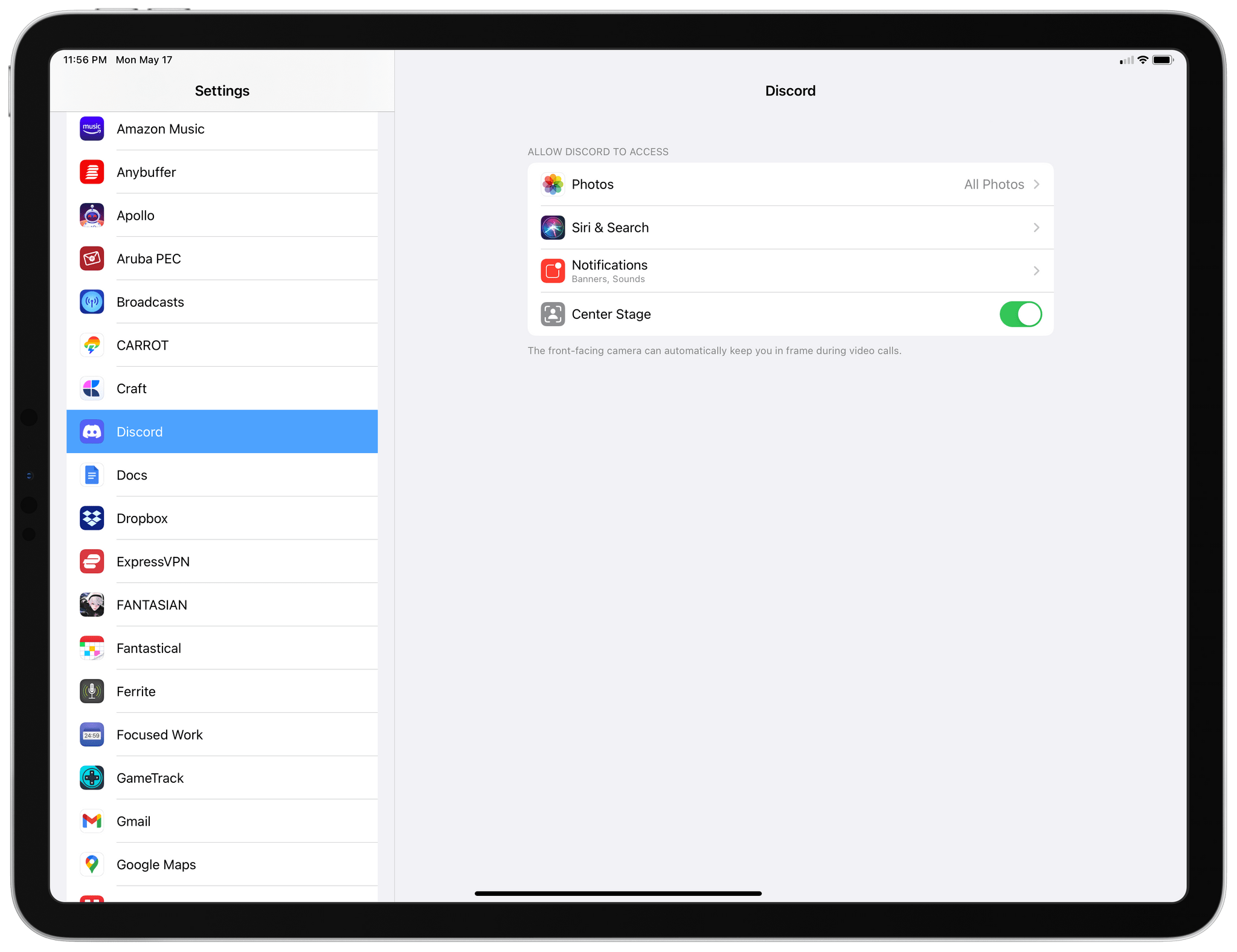 The Center Stage toggle for third-party apps.