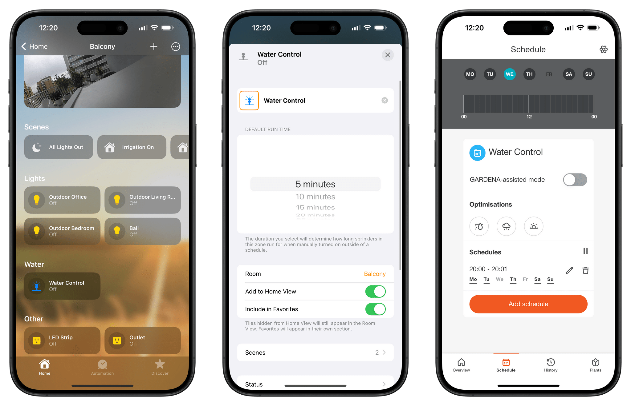The water control set in the Home app, and the Gardena app (right).